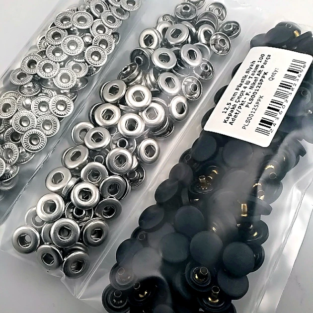 Snap Fastener Set Black Plastic Cover 12.5 mm - 0,49" Silver 3 Bottom Pieces 100 pieces/pack ERC00125PLBlackN