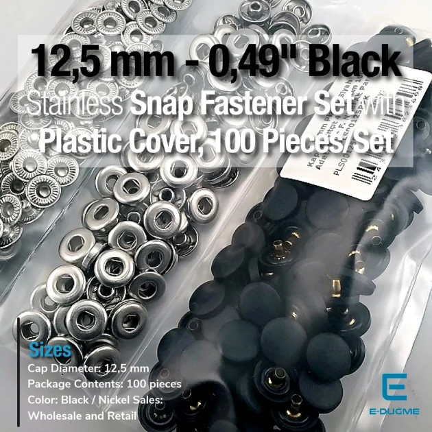 Snap Fastener Set Black Plastic Cover 12.5 mm - 0,49" Silver 3 Bottom Pieces 100 pieces/pack ERC00125PLBlackN