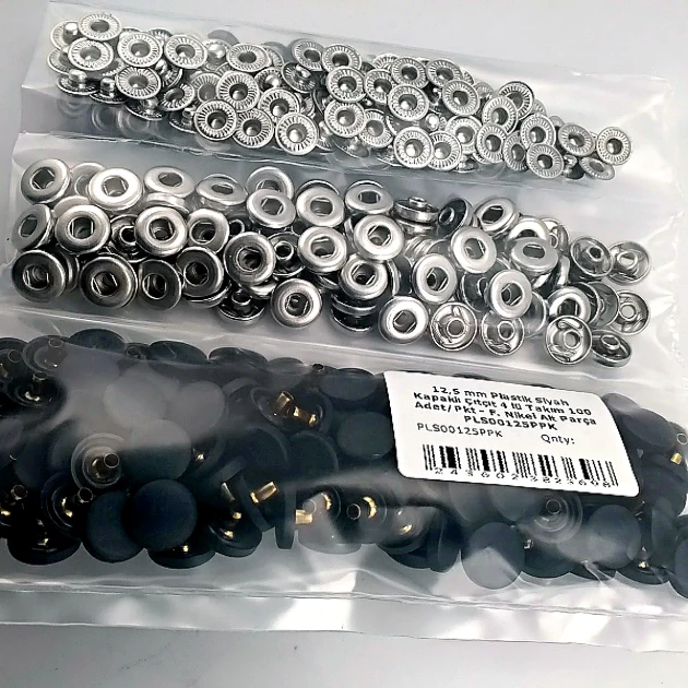 Snap Fastener Set Black Plastic Cover 12.5 mm - 0,49" Silver 3 Bottom Pieces 100 pieces/pack ERC00125PLBlackN