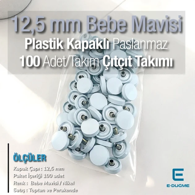 12.5 mm Snap Fastener Set, Baby Blue with Plastic Cover - Silver, 3 Bottom Pieces, 100 pieces/pack ERC00125PLMavi