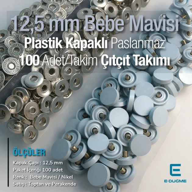12.5 mm Snap Fastener Set, Baby Blue with Plastic Cover - Silver, 3 Bottom Pieces, 100 pieces/pack ERC00125PLMavi