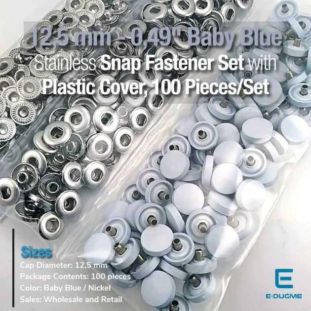 12.5 mm Snap Fastener Set, Baby Blue with Plastic Cover - Silver, 3 Bottom Pieces, 100 pieces/pack ERC00125PLMavi