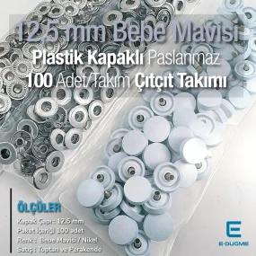 12.5 mm Snap Fastener Set, Baby Blue with Plastic Cover - Silver, 3 Bottom Pieces, 100 pieces/pack ERC00125PLMavi ERC00125PLBlue