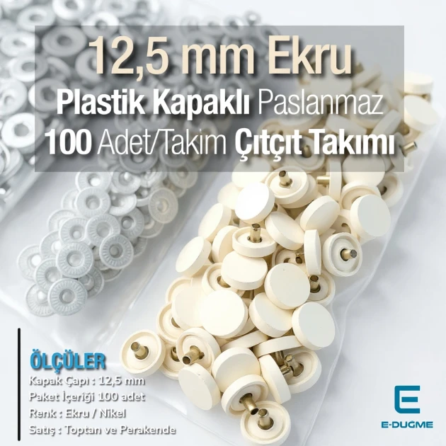 Çıtçıt Takımı Ekru 12,5 mm Plastik Kapaklı - Gümüş 3 Alt Parça 100 adet/pkt ERC00125PLEcru