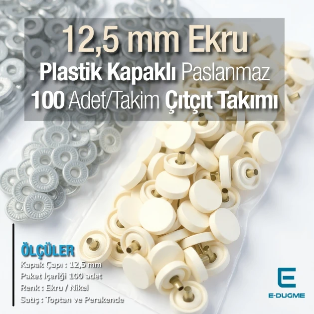Çıtçıt Takımı Ekru 12,5 mm Plastik Kapaklı - Gümüş 3 Alt Parça 100 adet/pkt ERC00125PLEcru