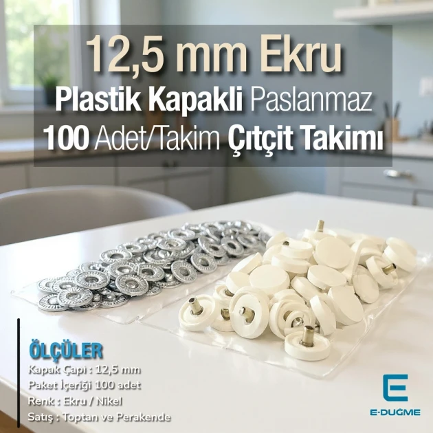 Çıtçıt Takımı Ekru 12,5 mm Plastik Kapaklı - Gümüş 3 Alt Parça 100 adet/pkt ERC00125PLEcru