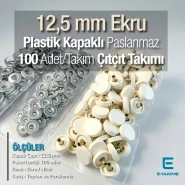 Snap Fastener Set with12.5 mm - 0,49" Ecru Plastic Cover - Silver 3 Bottom Pieces 100 pieces/pack ERC00125PLEcru