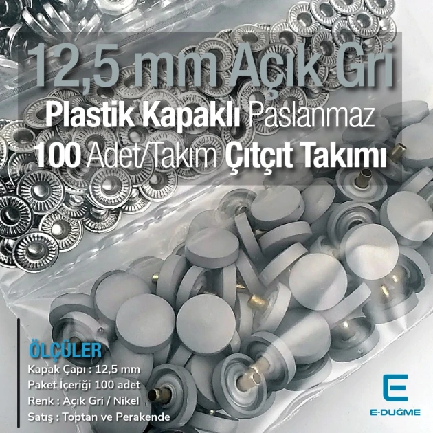 Plastik Kapaklı 12,5 mm Çıtçıt Takımı Gri - Gümüş 3 Alt Parça 100 adet/pkt ERC00125PLGri
