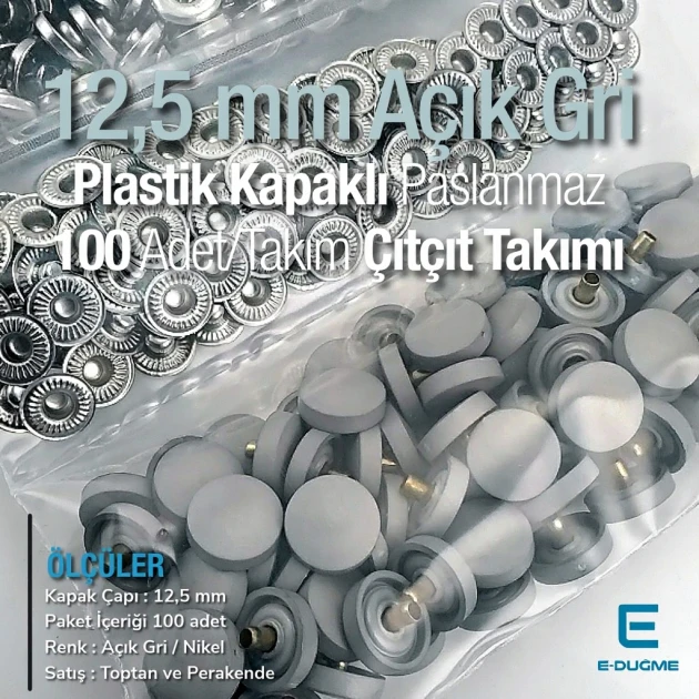 Plastik Kapaklı 12,5 mm Çıtçıt Takımı Gri - Gümüş 3 Alt Parça 100 adet/pkt ERC00125PLGri