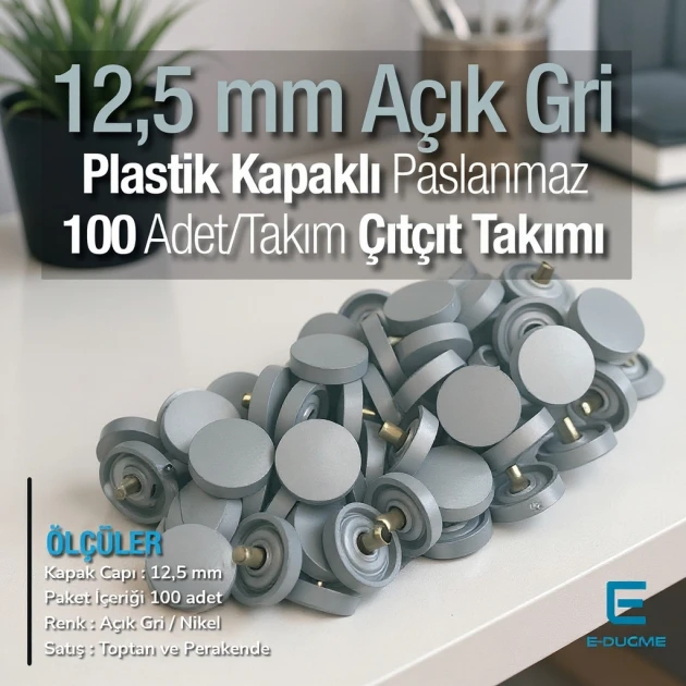 Plastik Kapaklı 12,5 mm Çıtçıt Takımı Gri - Gümüş 3 Alt Parça 100 adet/pkt ERC00125PLGri