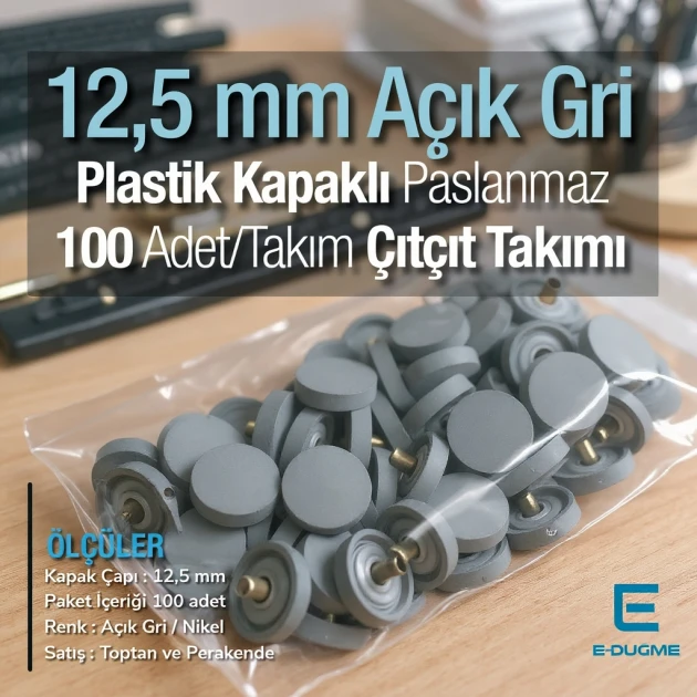 Plastik Kapaklı 12,5 mm Çıtçıt Takımı Gri - Gümüş 3 Alt Parça 100 adet/pkt ERC00125PLGri