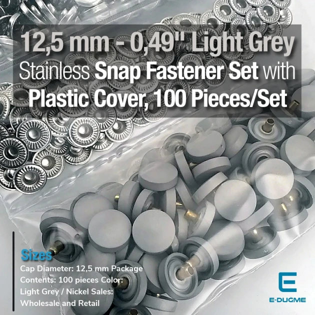 Plastik Kapaklı 12,5 mm Çıtçıt Takımı Gri - Gümüş 3 Alt Parça 100 adet/pkt ERC00125PLGri