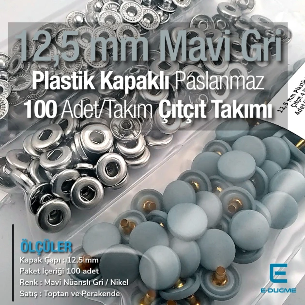 Çıtçıt Takımı 12,5 mm Mavimsi Gri Plastik Kapaklı 100 adet/pkt ERC00125PLGriMavi
