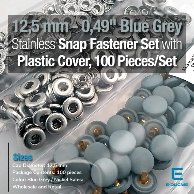 Çıtçıt Takımı 12,5 mm Mavimsi Gri Plastik Kapaklı 100 adet/pkt ERC00125PLGriMavi