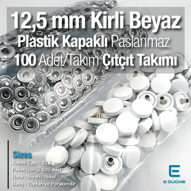Plastik Kapaklı 12,5 mm Çıtçıt Takımı Kirli Beyaz - Gümüş 3 Alt Parça 100 adet/pkt ERC00125PLKBeyaz