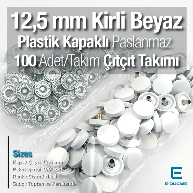 Plastik Kapaklı 12,5 mm Çıtçıt Takımı Kirli Beyaz - Gümüş 3 Alt Parça 100 adet/pkt ERC00125PLKBeyaz