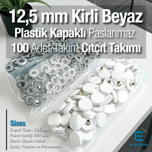 Plastik Kapaklı 12,5 mm Çıtçıt Takımı Kirli Beyaz - Gümüş 3 Alt Parça 100 adet/pkt ERC00125PLKBeyaz
