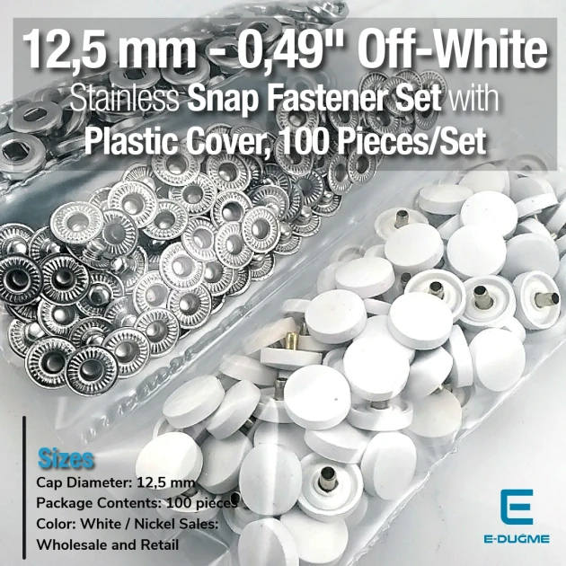 Plastik Kapaklı 12,5 mm Çıtçıt Takımı Kirli Beyaz - Gümüş 3 Alt Parça 100 adet/pkt ERC00125PLKBeyaz