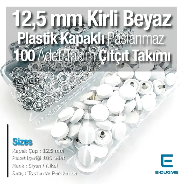 Plastik Kapaklı 12,5 mm Çıtçıt Takımı Kirli Beyaz - Gümüş 3 Alt Parça 100 adet/pkt ERC00125PLKBeyaz