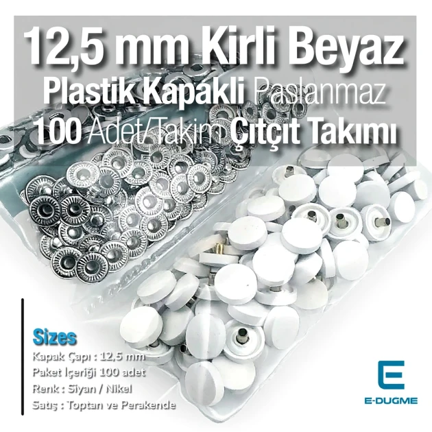 Plastik Kapaklı 12,5 mm Çıtçıt Takımı Kirli Beyaz - Gümüş 3 Alt Parça 100 adet/pkt ERC00125PLKBeyaz