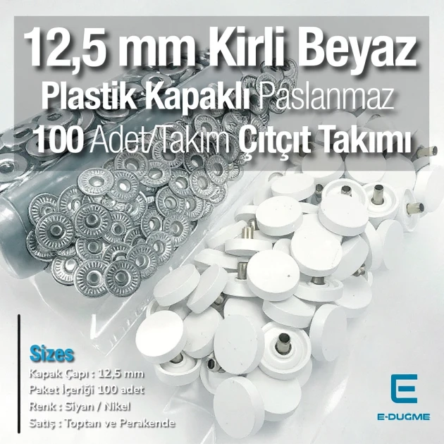 Plastik Kapaklı 12,5 mm Çıtçıt Takımı Kirli Beyaz - Gümüş 3 Alt Parça 100 adet/pkt ERC00125PLKBeyaz