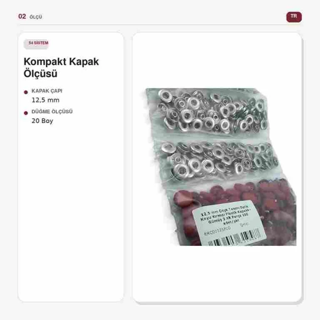12,5 mm 54 Sistem Koyu Kırmızı Plastik Kapaklı Çıtçıt, hafif ve orta kalınlıktaki tekstil ürünleri için pratik kapama çözümü