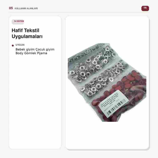 12,5 mm 54 Sistem Koyu Kırmızı Plastik Kapaklı Çıtçıt, hafif ve orta kalınlıktaki tekstil ürünleri için pratik kapama çözümü