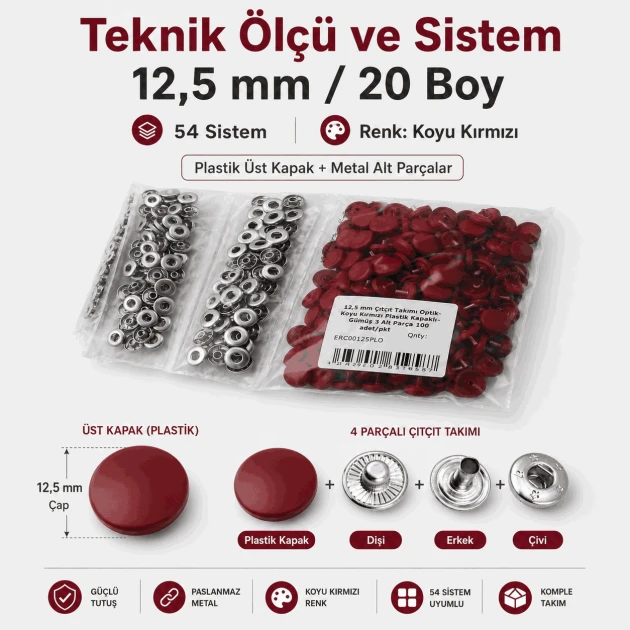 12,5 mm 54 Sistem Koyu Kırmızı Plastik Kapaklı Çıtçıt, hafif ve orta kalınlıktaki tekstil ürünleri için pratik kapama çözümü