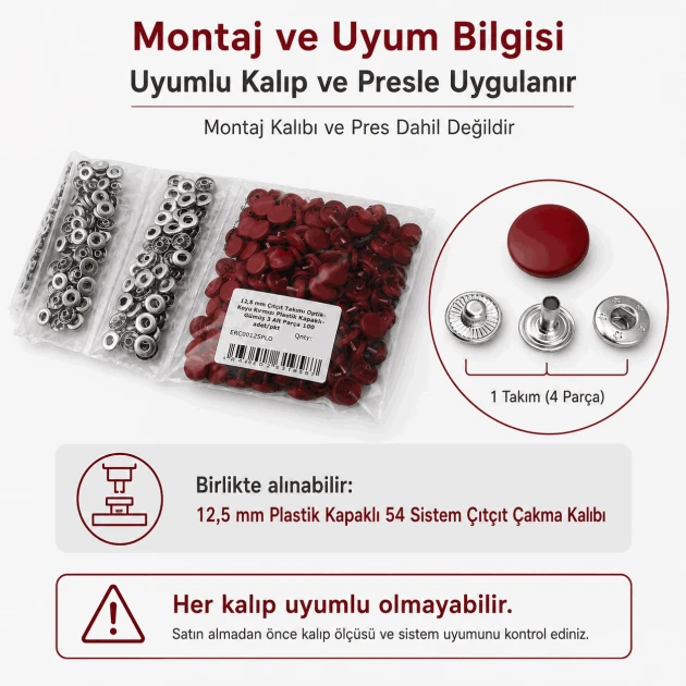 12,5 mm 54 Sistem Koyu Kırmızı Plastik Kapaklı Çıtçıt, hafif ve orta kalınlıktaki tekstil ürünleri için pratik kapama çözümü