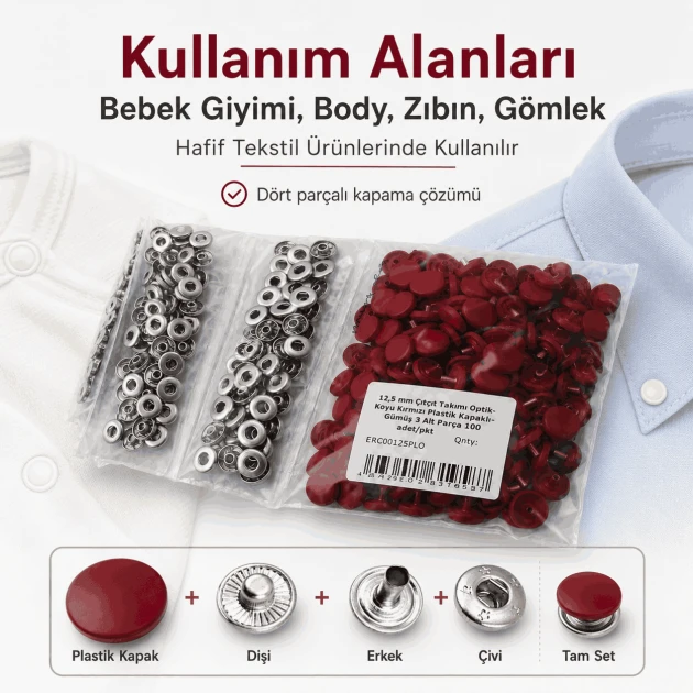 12,5 mm 54 Sistem Koyu Kırmızı Plastik Kapaklı Çıtçıt, hafif ve orta kalınlıktaki tekstil ürünleri için pratik kapama çözümü