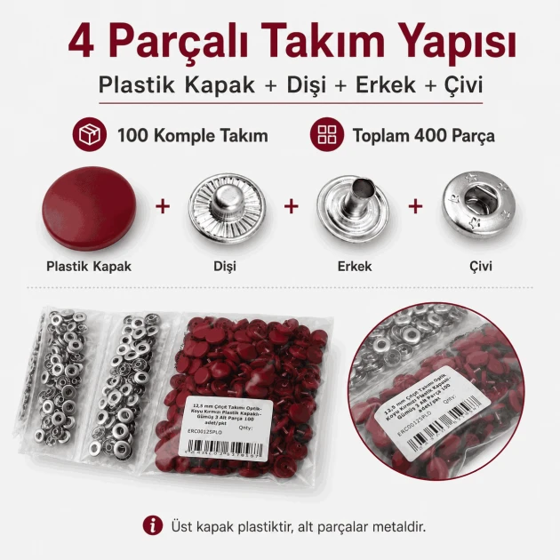 12,5 mm 54 Sistem Koyu Kırmızı Plastik Kapaklı Çıtçıt, hafif ve orta kalınlıktaki tekstil ürünleri için pratik kapama çözümü