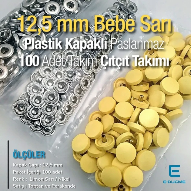 Plastik Kapaklı 12,5 mm Çıtçıt Takımı Limon Sarısı - Gümüş 3 Alt Parça 100 adet/pkt ERC00125PLLSarı
