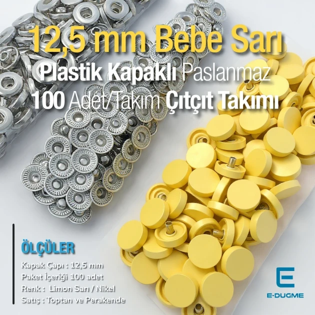 Plastik Kapaklı 12,5 mm Çıtçıt Takımı Limon Sarısı - Gümüş 3 Alt Parça 100 adet/pkt ERC00125PLLSarı