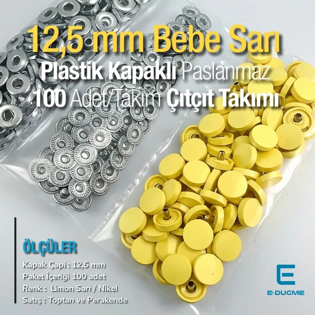 Plastik Kapaklı 12,5 mm Çıtçıt Takımı Limon Sarısı - Gümüş 3 Alt Parça 100 adet/pkt ERC00125PLLSarı