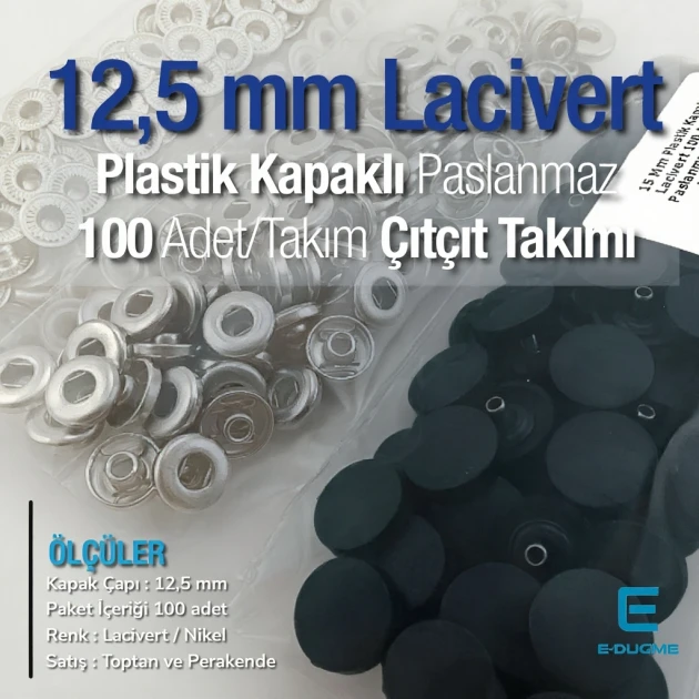 Plastik Kapaklı 12,5 mm Çıtçıt Takımı Lacivert - Gümüş 3 Alt Parça 100 adet/pkt ERC00125PLLaci