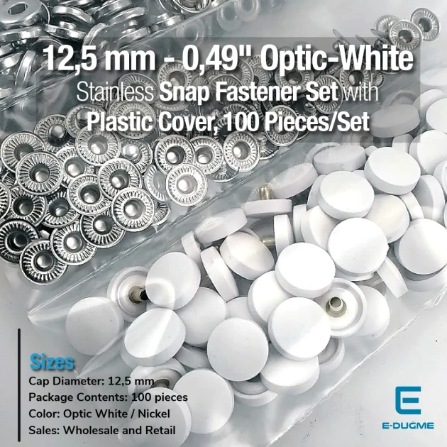 Plastik Kapaklı 12,5 mm Çıtçıt Takımı Optik Beyaz - Gümüş 3 Alt Parça 100 adet/pkt ERC00125PLOBeyaz