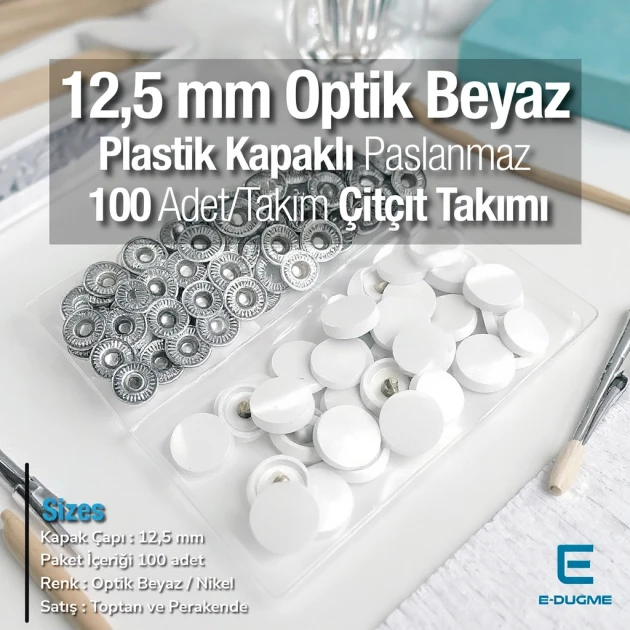 Plastik Kapaklı 12,5 mm Çıtçıt Takımı Optik Beyaz - Gümüş 3 Alt Parça 100 adet/pkt ERC00125PLOBeyaz