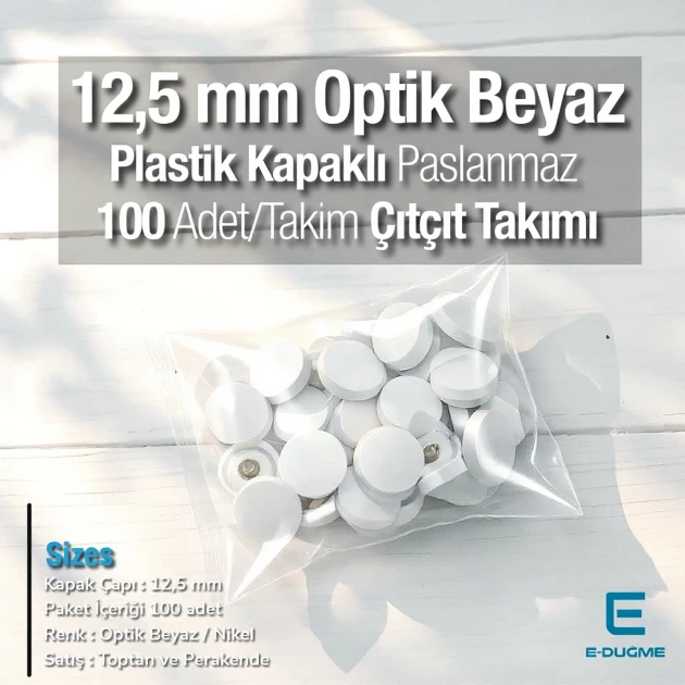 Plastik Kapaklı 12,5 mm Çıtçıt Takımı Optik Beyaz - Gümüş 3 Alt Parça 100 adet/pkt ERC00125PLOBeyaz