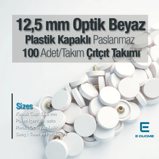 Plastik Kapaklı 12,5 mm Çıtçıt Takımı Optik Beyaz - Gümüş 3 Alt Parça 100 adet/pkt ERC00125PLOBeyaz