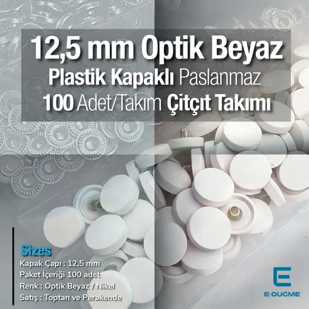 Plastik Kapaklı 12,5 mm Çıtçıt Takımı Optik Beyaz - Gümüş 3 Alt Parça 100 adet/pkt ERC00125PLOBeyaz
