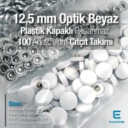 Snap Fastener Set with 12.5 mm - 0,49" Optical White Plastic Cap - Silver 3 Bottom Pieces 100 pieces/pack ERC00125PLOBeyaz