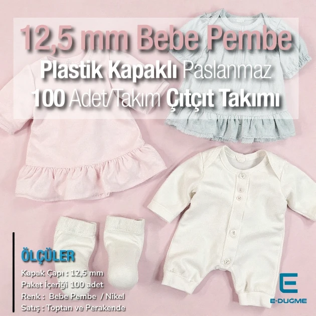 Plastic Cap Snap Fastener Set with 12.5 mm - 0,49" Powder Pink - Silver 3 Bottom Pieces 100 pieces/pack ERC00125PLPembe