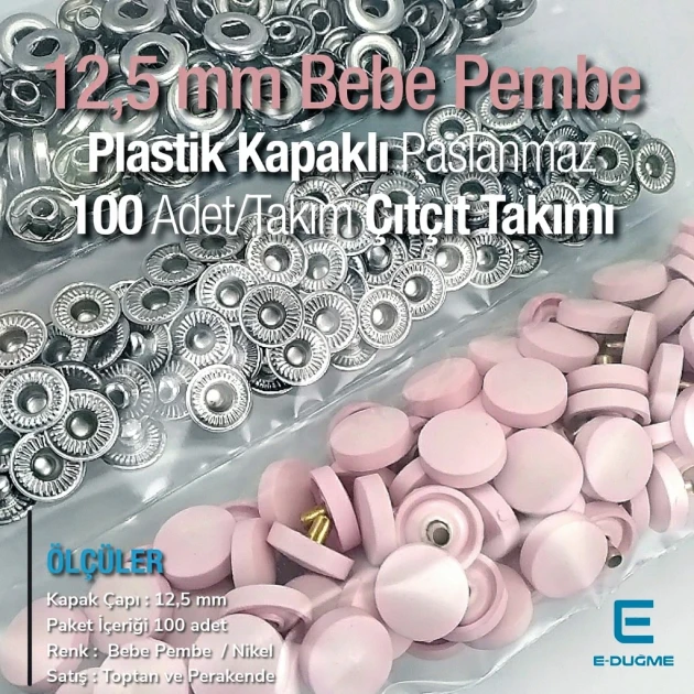 Plastic Cap Snap Fastener Set with 12.5 mm - 0,49" Powder Pink - Silver 3 Bottom Pieces 100 pieces/pack ERC00125PLPembe