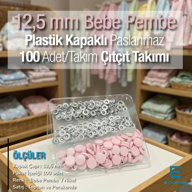 Plastic Cap Snap Fastener Set with 12.5 mm - 0,49" Powder Pink - Silver 3 Bottom Pieces 100 pieces/pack ERC00125PLPembe