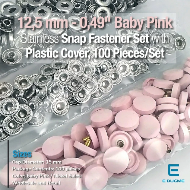 Plastic Cap Snap Fastener Set with 12.5 mm - 0,49" Powder Pink - Silver 3 Bottom Pieces 100 pieces/pack ERC00125PLPembe