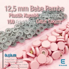 12,5 mm Çıtçıt Takımı Pudra - Pembe Plastik Kapaklı - Gümüş 3 Alt Parça 100 adet/pkt ERC00125PLPembe