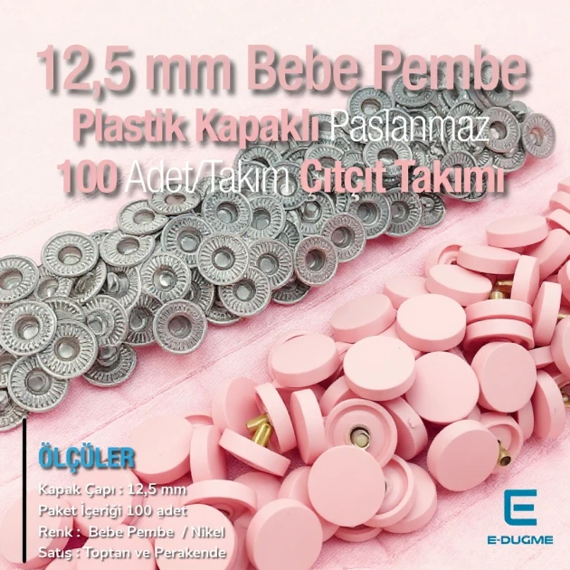 Plastic Cap Snap Fastener Set with 12.5 mm - 0,49" Powder Pink - Silver 3 Bottom Pieces 100 pieces/pack ERC00125PLPembe