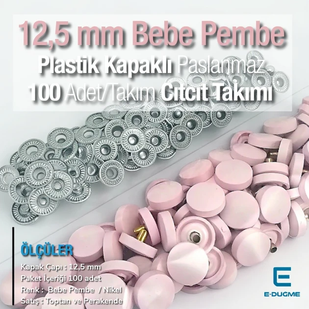 Plastic Cap Snap Fastener Set with 12.5 mm - 0,49" Powder Pink - Silver 3 Bottom Pieces 100 pieces/pack ERC00125PLPembe