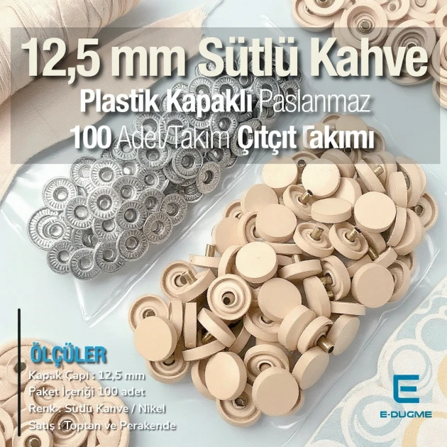12.5 mm - 0,49" Snap Fastener Set with Coffee Milk Plastic Cap - Silver 3 Bottom Pieces 100 pieces/pack ERC00125PLSKahve