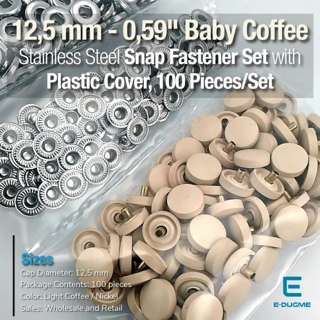 12.5 mm - 0,49" Snap Fastener Set with Coffee Milk Plastic Cap - Silver 3 Bottom Pieces 100 pieces/pack ERC00125PLSKahve